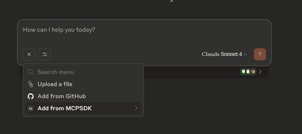"Image shows the Claude Desktop Application '+' menu opened and 'Add from MCPSDK' visable and highlighted"